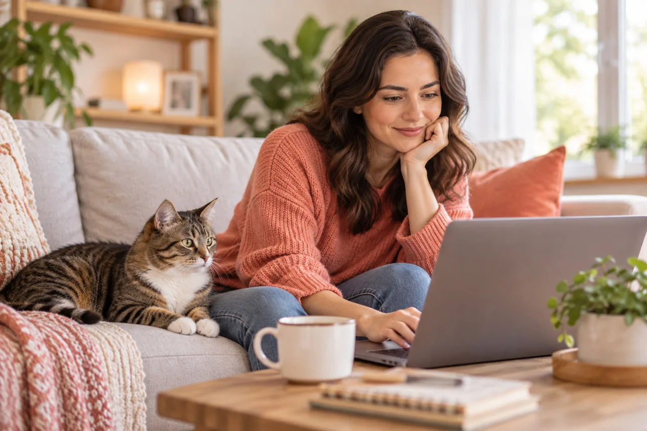 Owner working on a laptop with a cat beside her